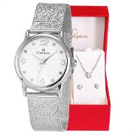 Relógio Feminino Champion Texturizado Mini Prata CF24091Q + Colar e Brincos - 1