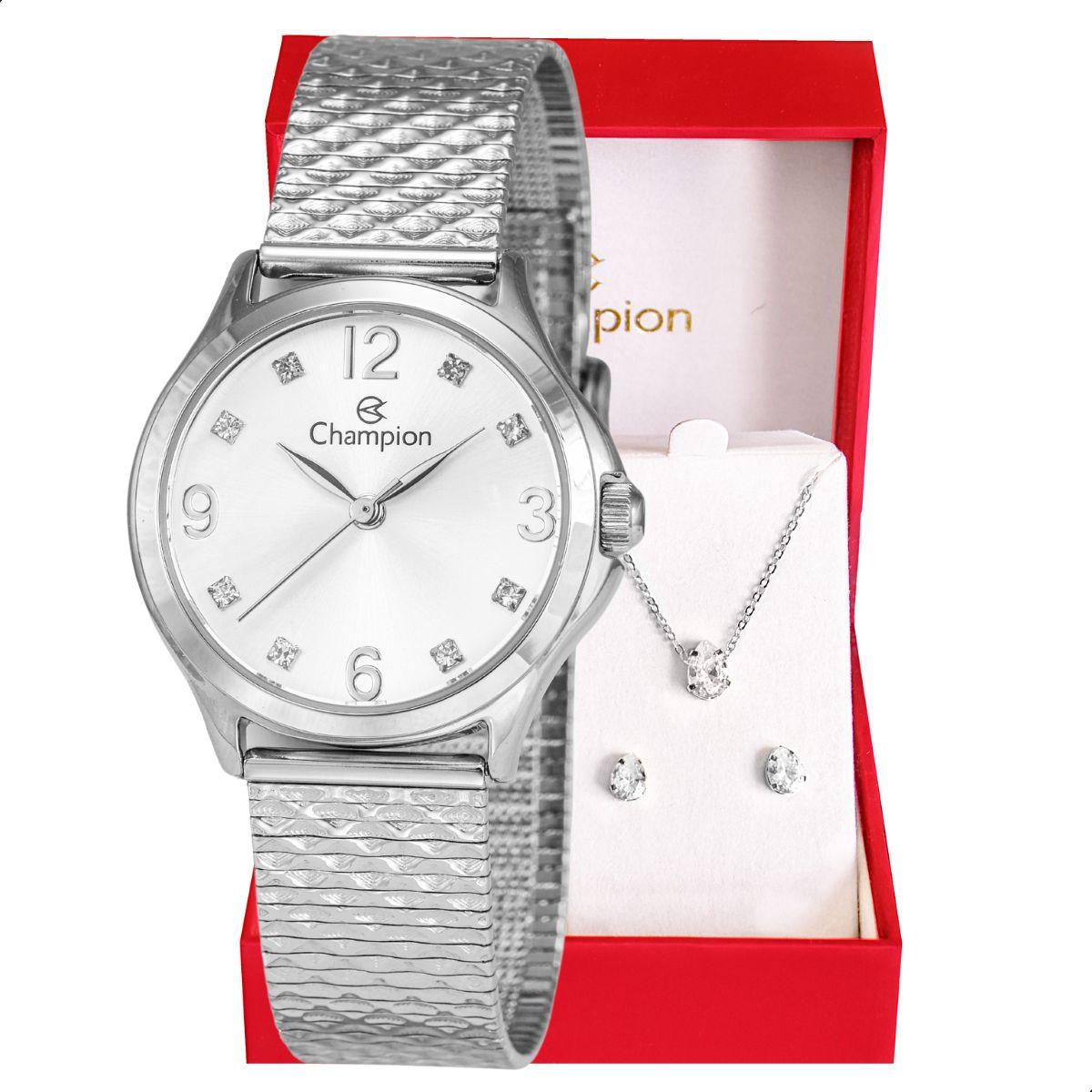 Relógio Feminino Champion Analógico Prata Pequeno CF24117Q + Colar e Brincos - 1