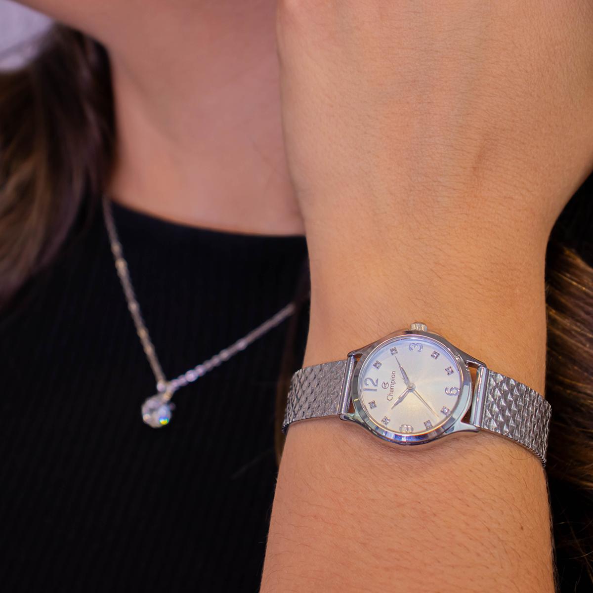 Relógio Feminino Champion Analógico Prata Pequeno CF24117Q + Colar e Brincos - 5