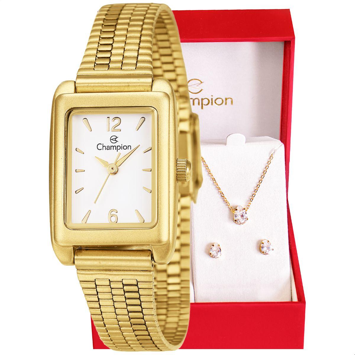 Relógio Feminino Champion Dourado Pequeno CF24028H + Colar e Brincos - 1
