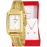 Relógio Feminino Champion Dourado Pequeno CF24028H + Colar e Brincos - 1