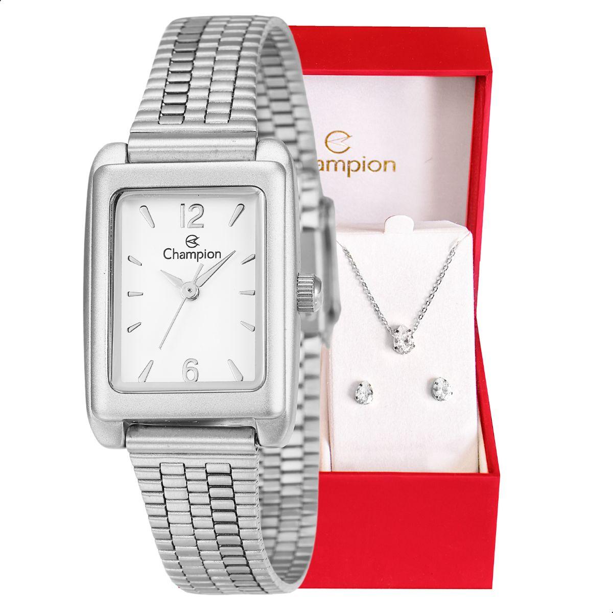 Relógio Feminino Champion Prata Pequeno CF24028Q + Colar e Brincos - 1