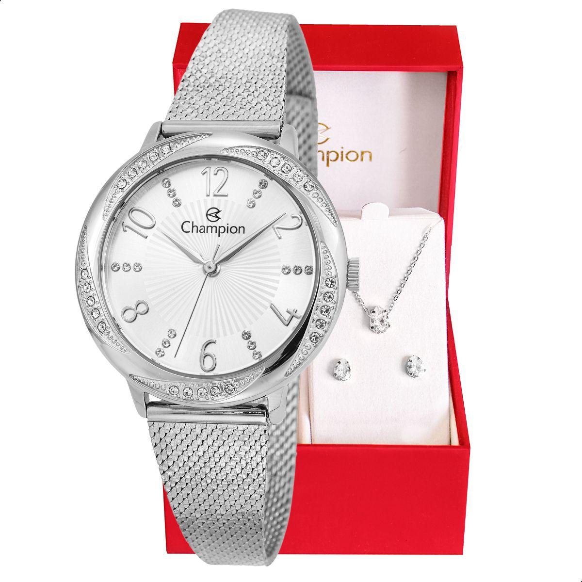 Relógio Feminino Champion Analógico Prata CF24251Q + Colar e Brincos - 1