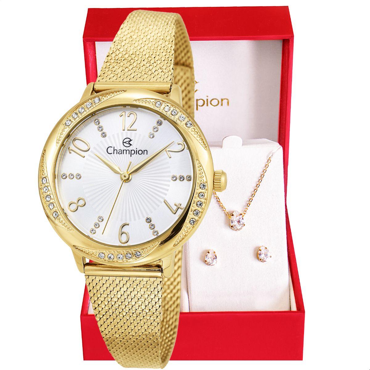 Relógio Feminino Champion Analógico Dourado CF24251H + Colar e Brincos - 1
