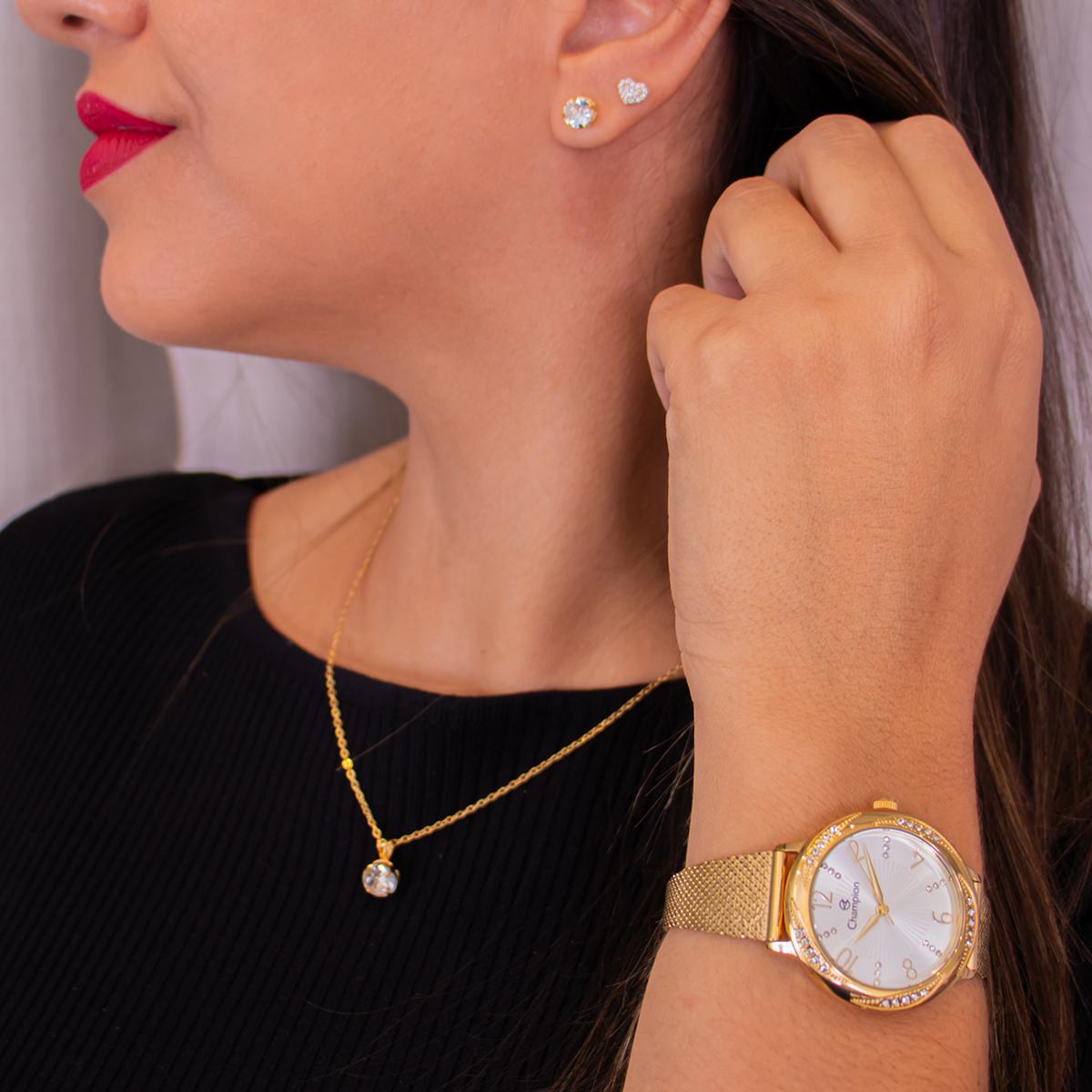 Relógio Feminino Champion Analógico Dourado CF24251H + Colar e Brincos - 5