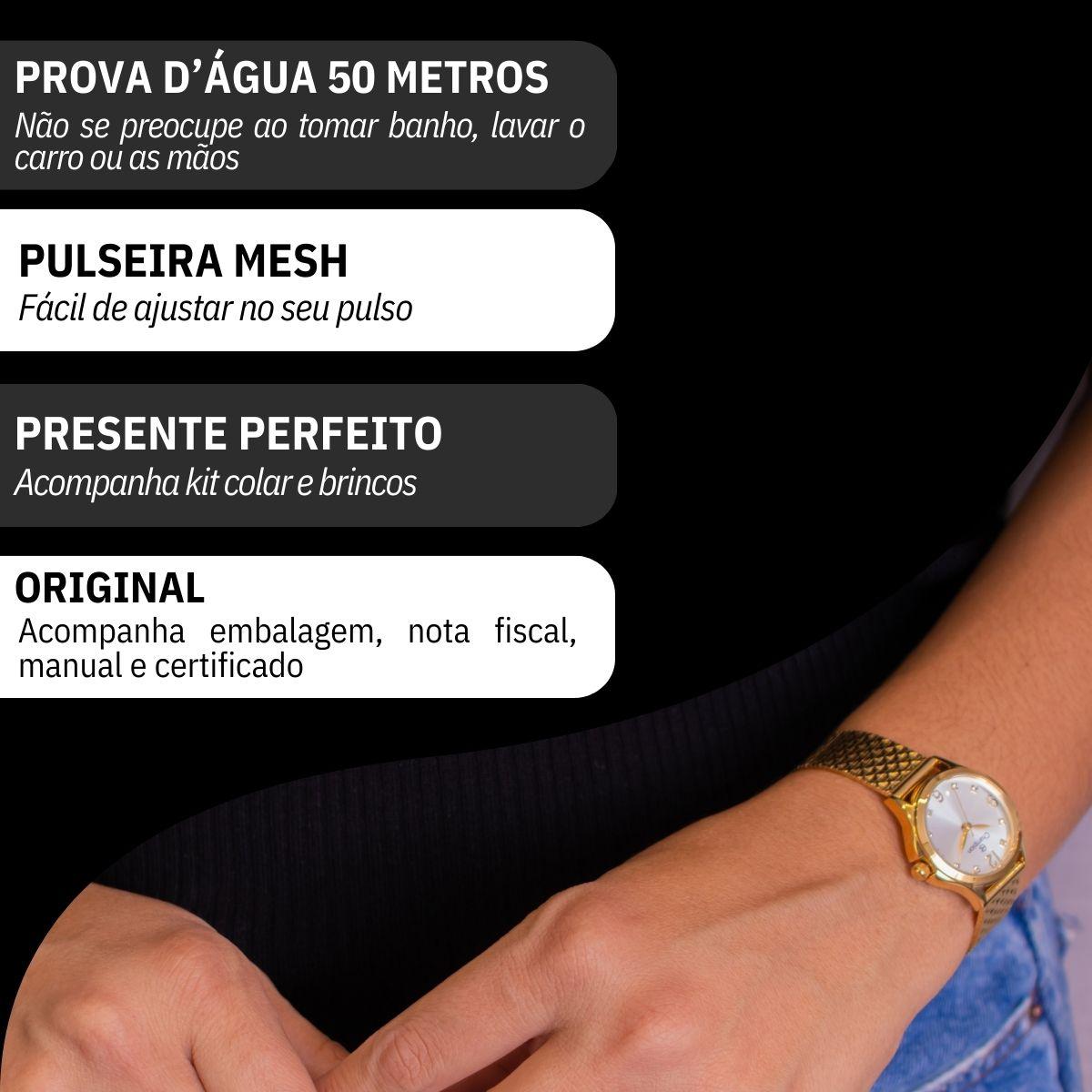 Relógio Feminino Champion Analógico Dourado Pequeno CF24117H + Colar e Brincos - 3