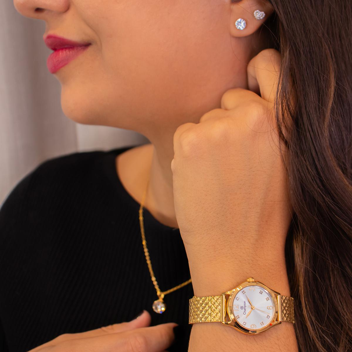 Relógio Feminino Champion Analógico Dourado Pequeno CF24117H + Colar e Brincos - 5