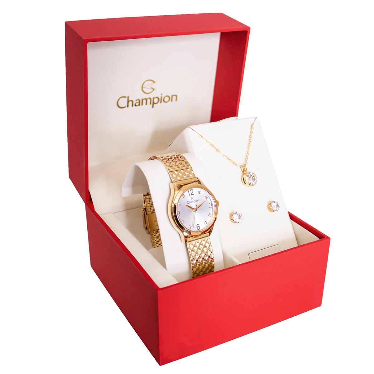 Relógio Feminino Champion Analógico Dourado Pequeno CF24117H + Colar e Brincos - 9