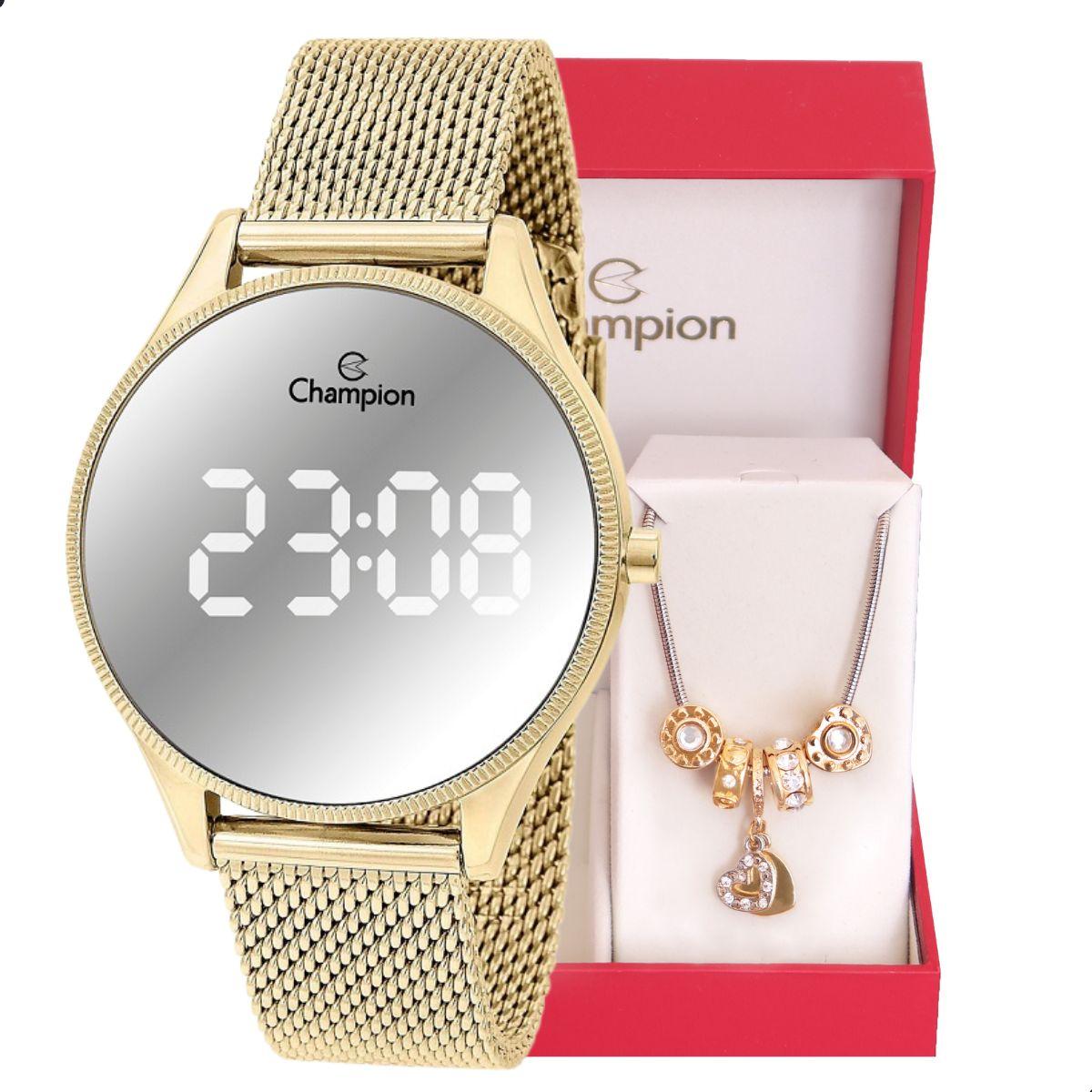 Relógio Feminino Champion Dourado Espelhado Digital CH40137B + Pulseira Berloques - 1