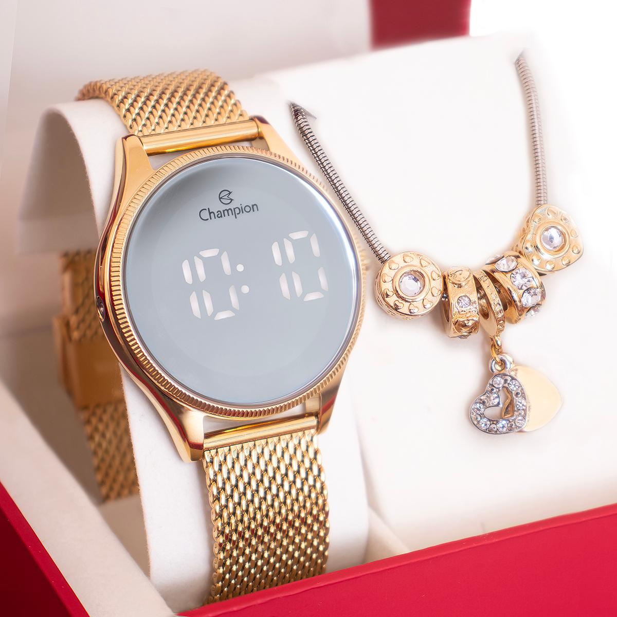 Relógio Feminino Champion Dourado Espelhado Digital CH40137B + Pulseira Berloques - 6