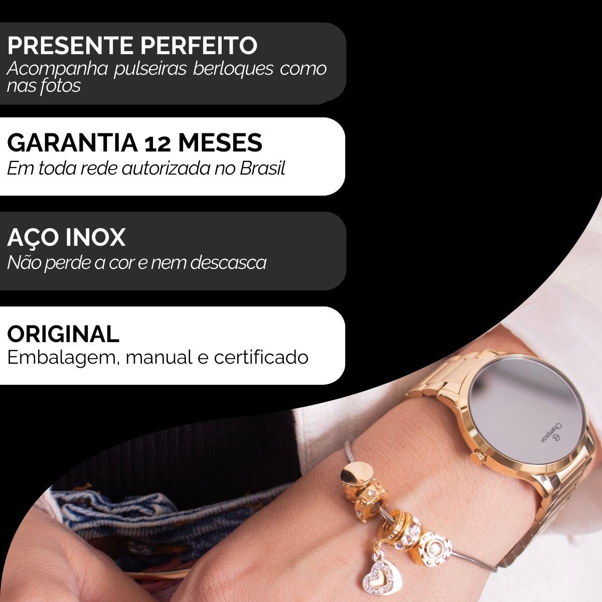 Relógio Feminino Champion Dourado Espelhado CH40147B + Pulseira Berloques - 3