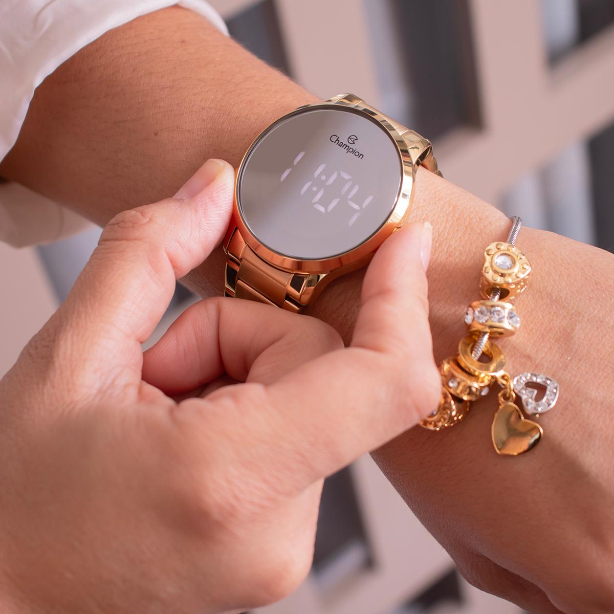 Relógio Feminino Champion Dourado Espelhado CH40147B + Pulseira Berloques - 4