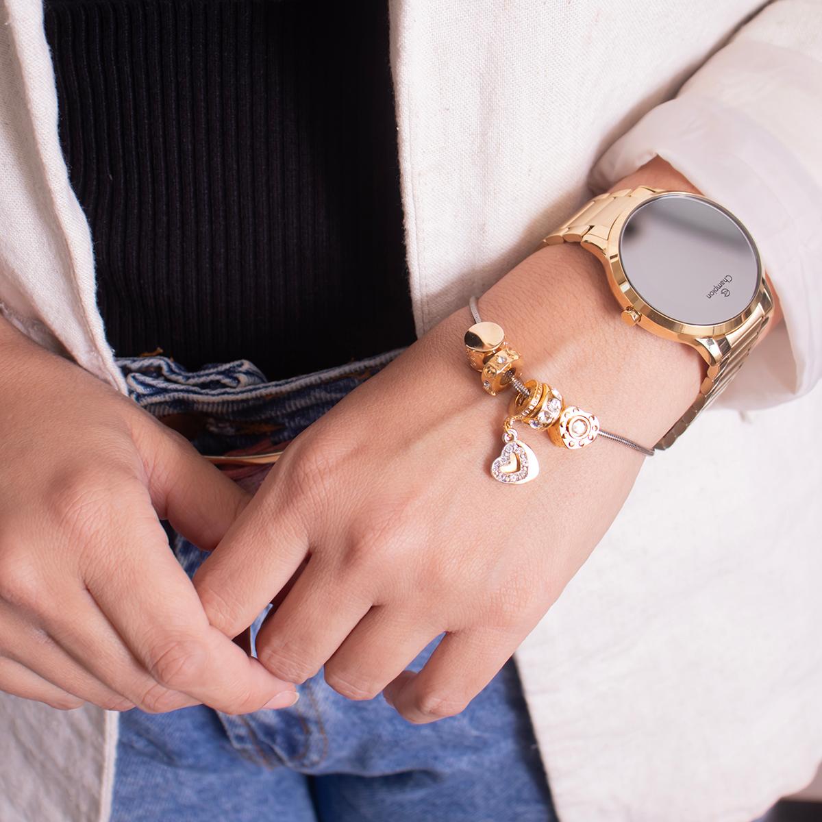 Relógio Feminino Champion Dourado Espelhado CH40147B + Pulseira Berloques - 5