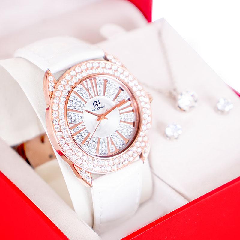 Kit Relógio Feminino Champion Ana Hickmann Analógico Couro Branco AH28240Z Cristais - 1