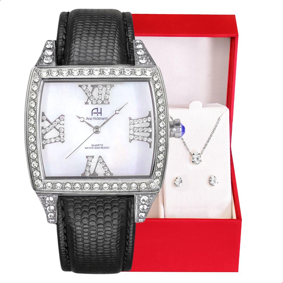Relógio Champion Ana Hickmann Analógico Couro Aço Prata AH28259Q Kit Colar e Brincos - 1
