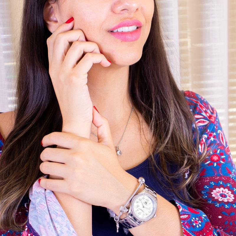 Kit Relógio Feminino Champion Ana Hickmann Analógico Prata AH20015Q Cristais - 4