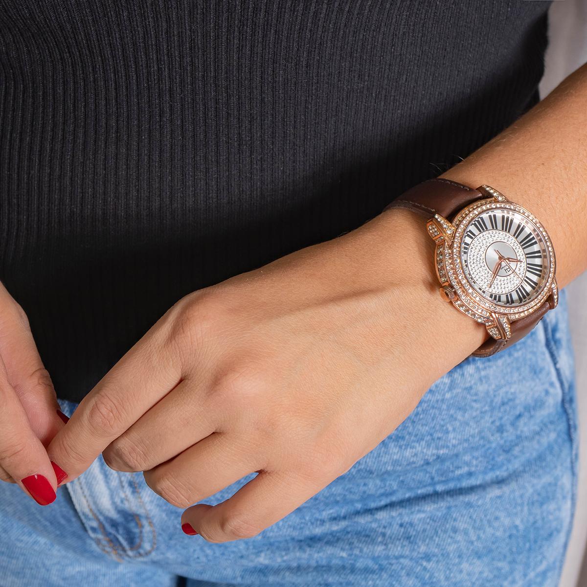 Relógio Champion Ana Hickmann Rosé Couro Marrom AH28151Z Colar e Brincos - 5