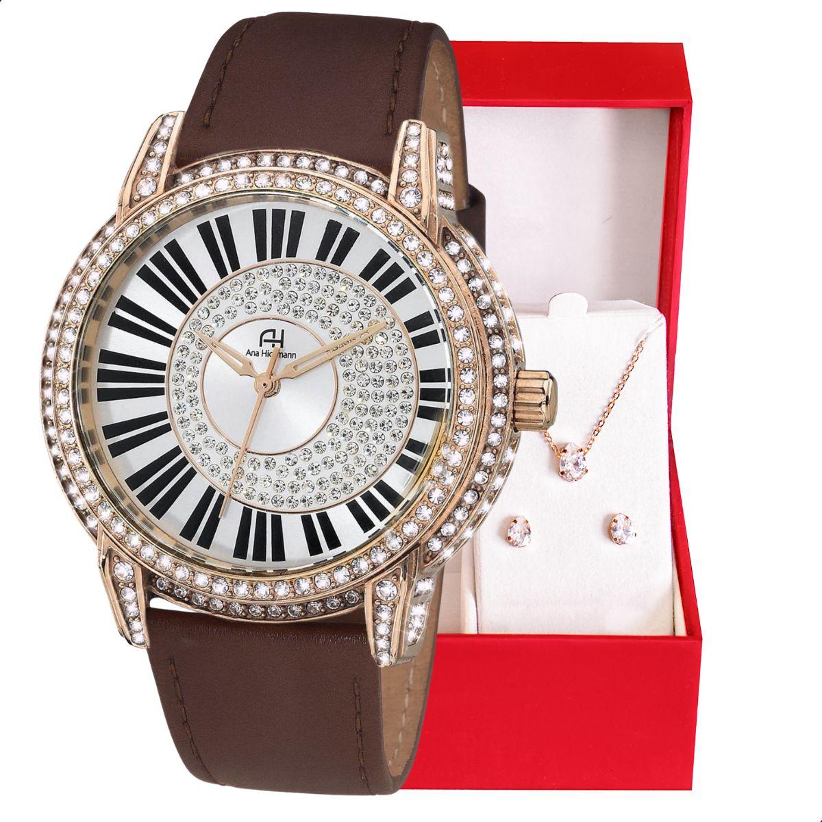 Relógio Champion Ana Hickmann Rosé Couro Marrom AH28151Z Colar e Brincos - 6