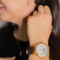 Relógio Feminino Champion Ana Hickmann Couro Cristais AH20097B Colar e Brincos