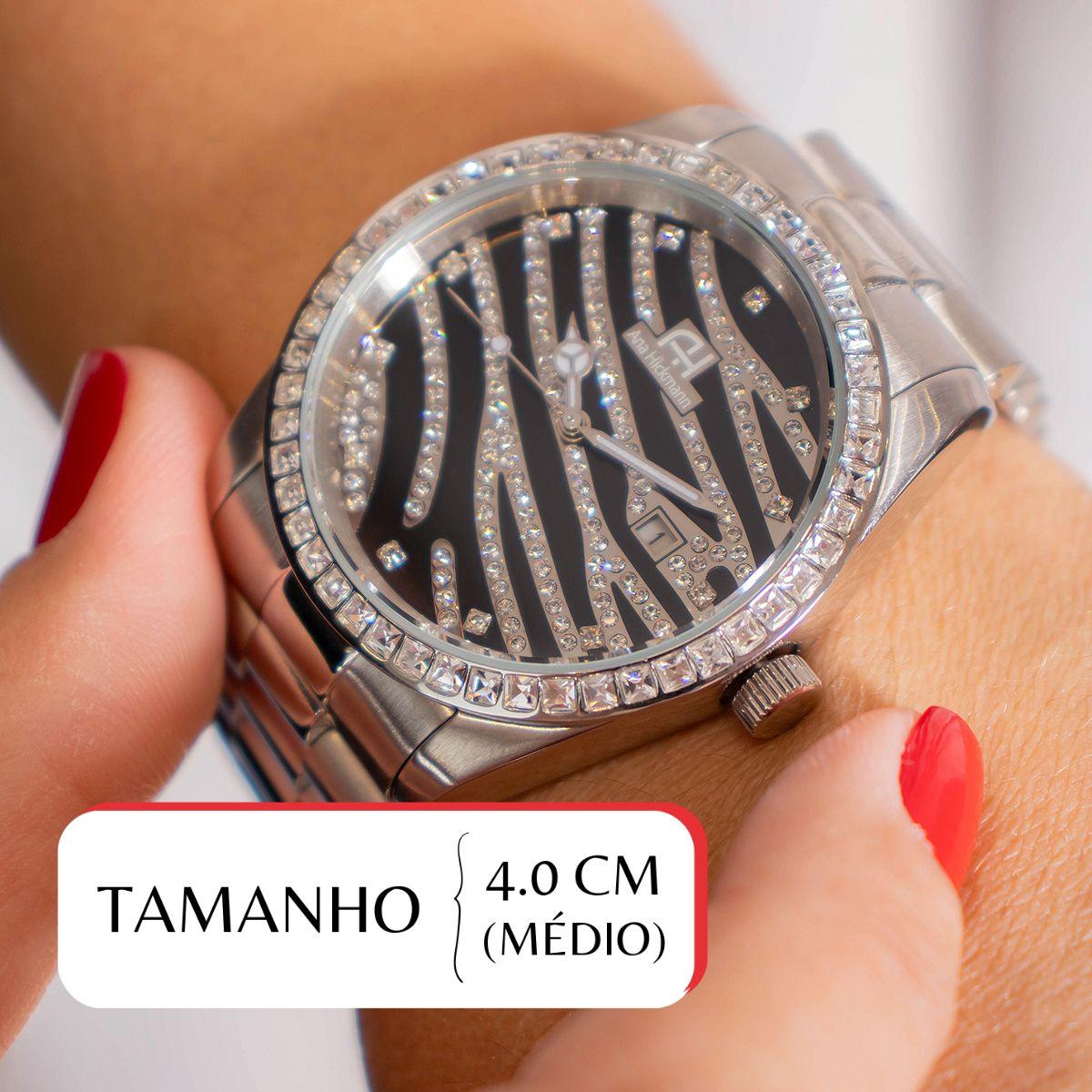 Relógio Feminino Ana Hickmann Prata Social Cristais AH28204T Colar e Brincos - 2