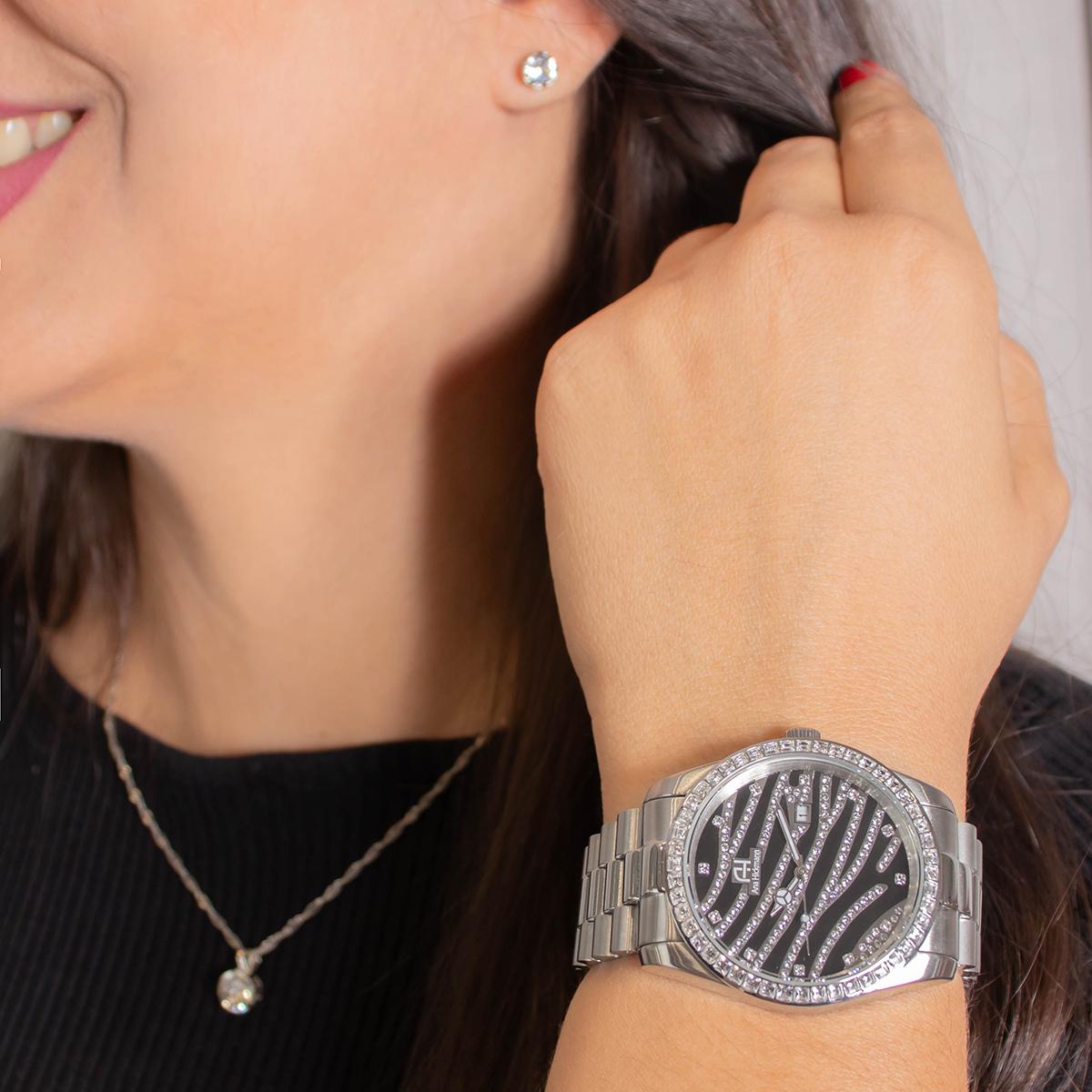 Relógio Feminino Ana Hickmann Prata Social Cristais AH28204T Colar e Brincos - 4