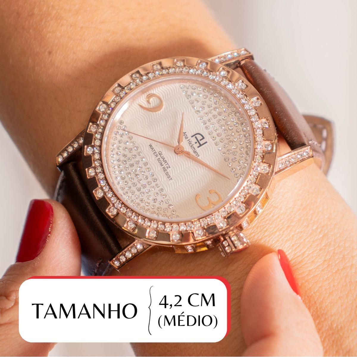 Kit Relógio Feminino Champion Ana Hickmann Marrom Couro Analógico AH28400Z Cristais - 2