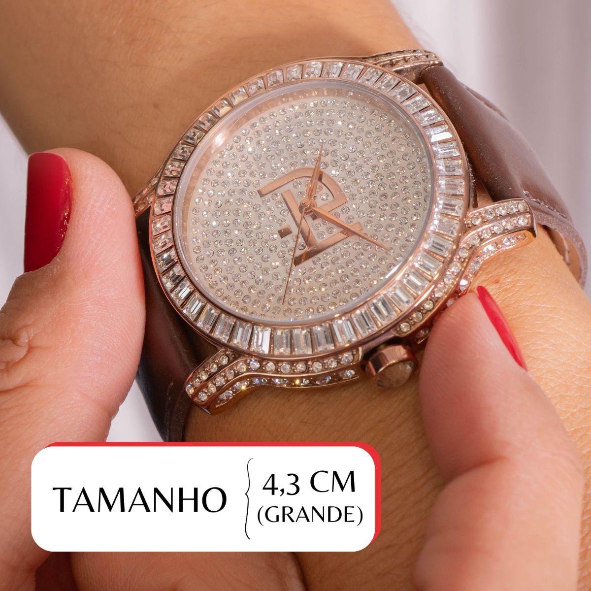 Relógio Champion  Ana Hickmann Feminino Couro Marrom Cristais AH28393B Kit Colar e Brincos - 2