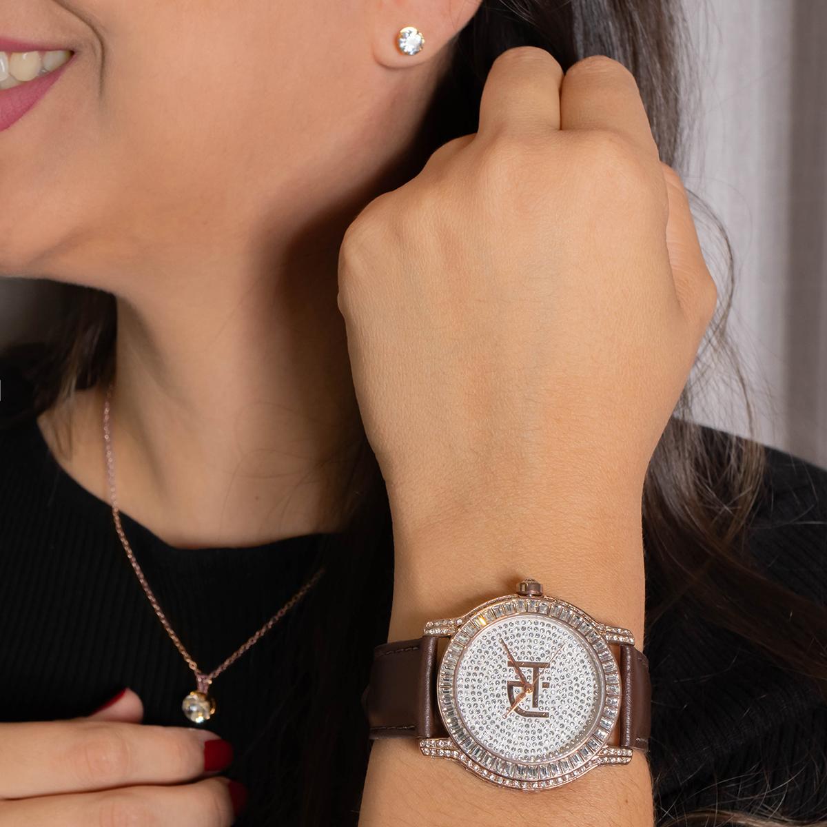 Relógio Champion  Ana Hickmann Feminino Couro Marrom Cristais AH28393B Kit Colar e Brincos - 4