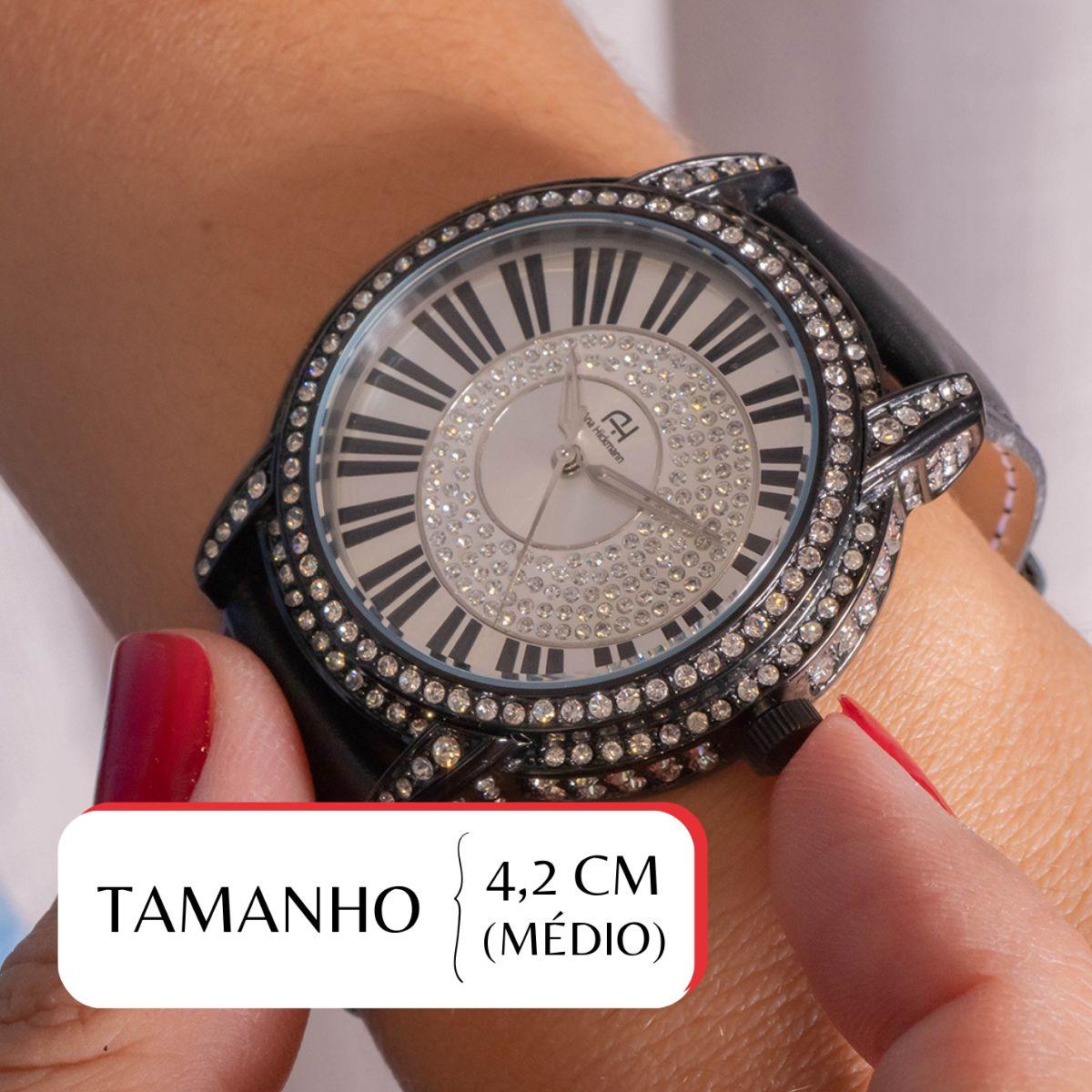 Relógio Champion Ana Hickmann Couro Preto Cristais AH28151T Colar e Brincos - 2