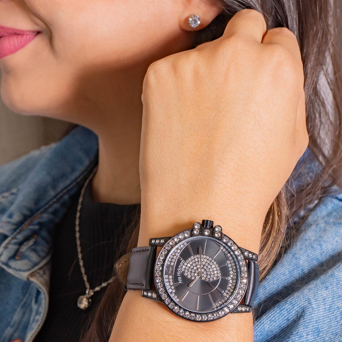 Relógio Champion Ana Hickmann Couro Preto AH28160T Colar e Brincos - 5