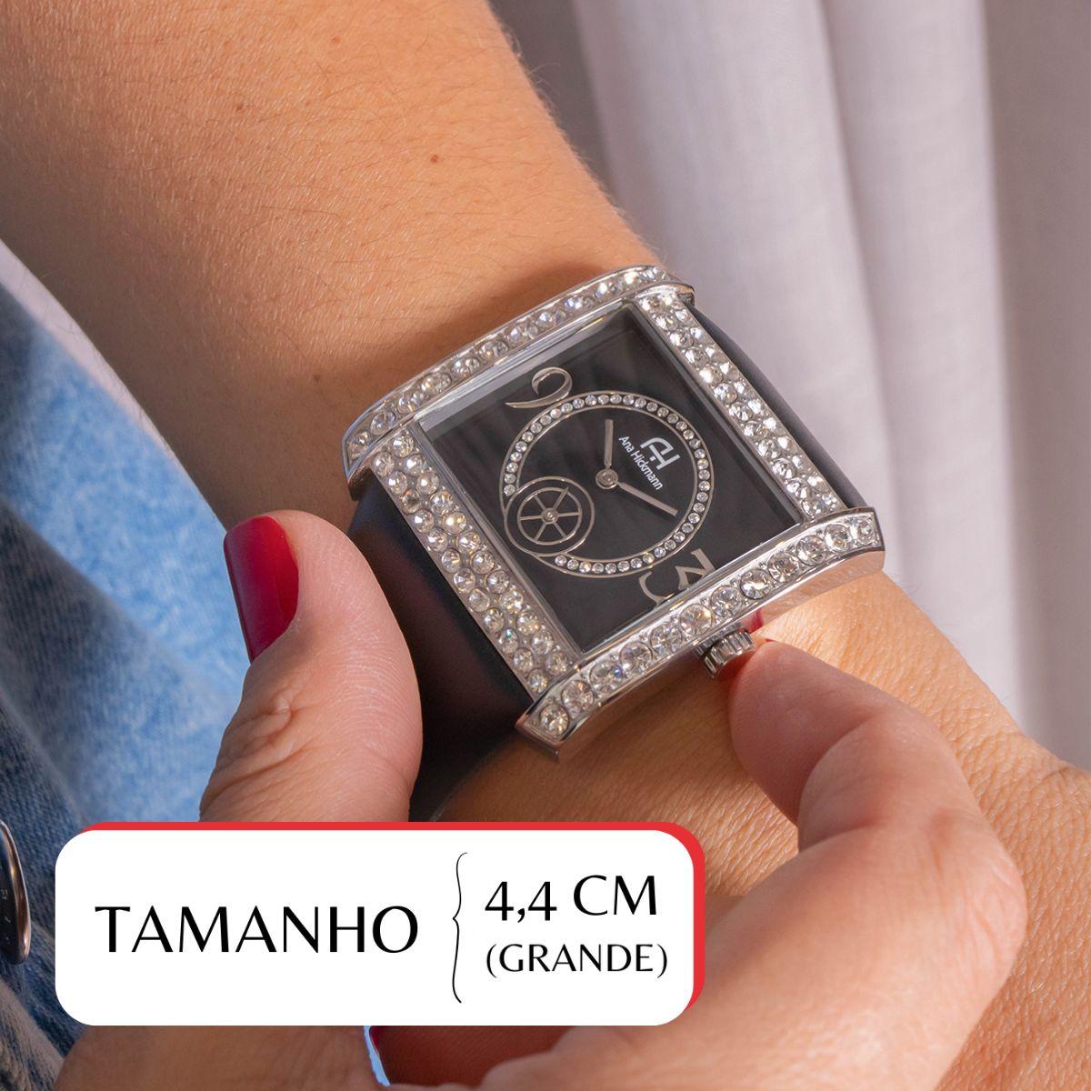 Relógio Feminino Champion Ana Hickmann Couro Preto Cristais AH28133T Colar e Brincos - 2