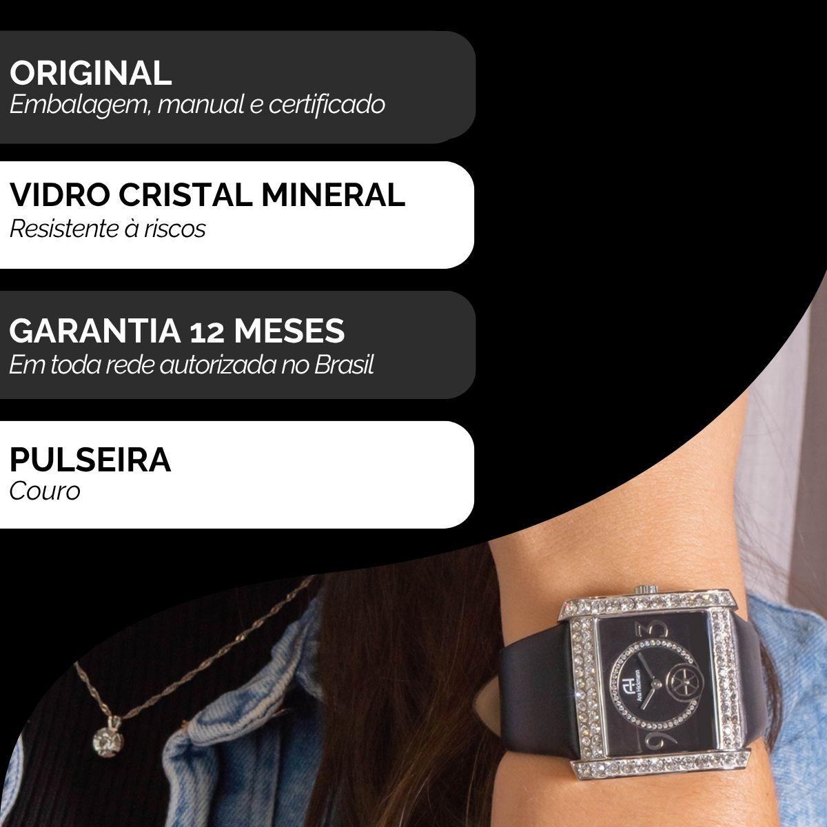 Relógio Feminino Champion Ana Hickmann Couro Preto Cristais AH28133T Colar e Brincos - 3