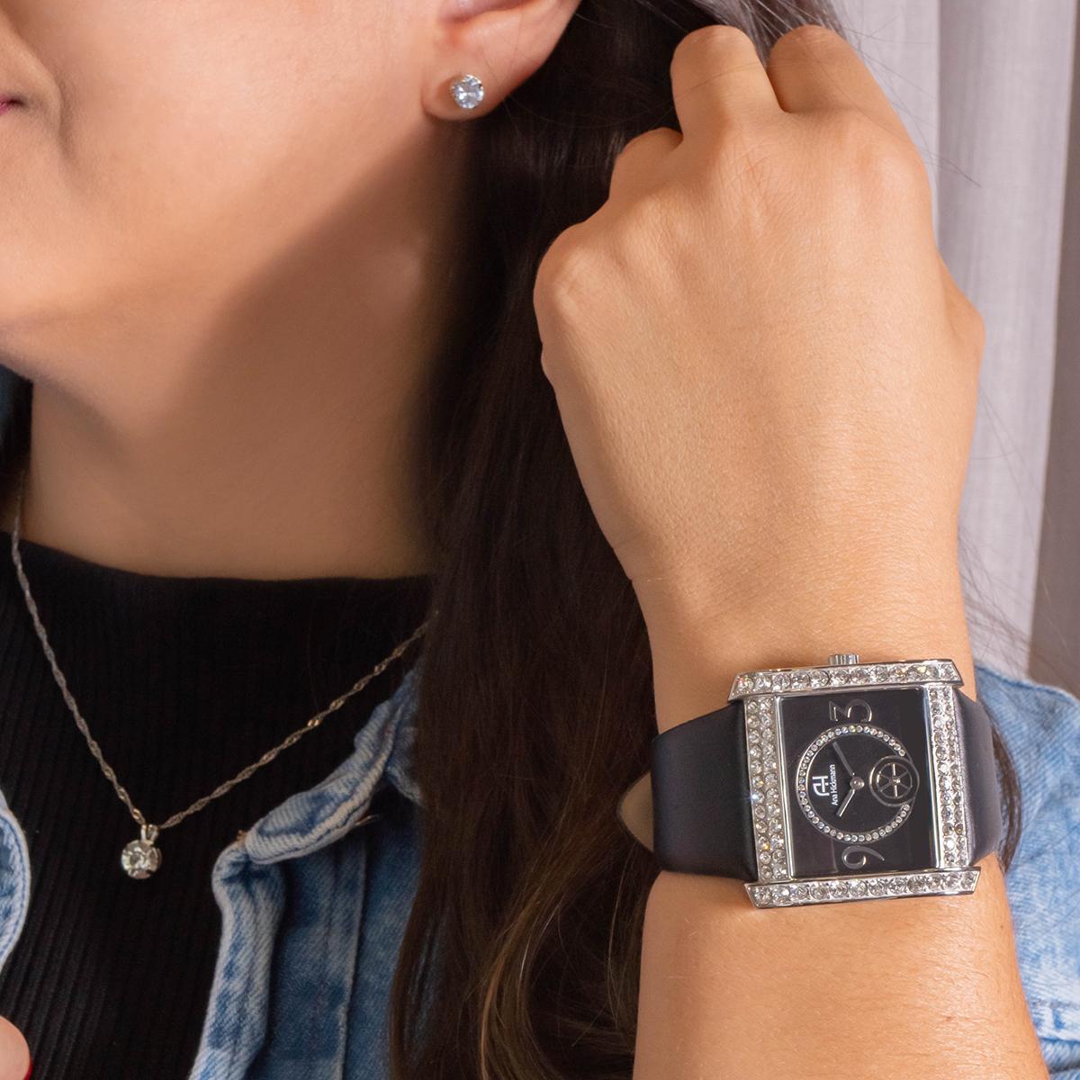 Relógio Feminino Champion Ana Hickmann Couro Preto Cristais AH28133T Colar e Brincos - 5