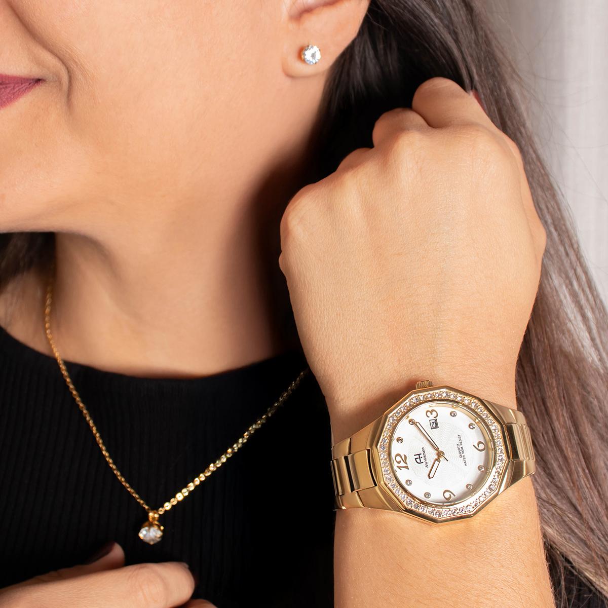 Relógio Feminino Champion Ana Hickmann Dourado Cristais Analógico Prova D'Água AH20033H Colar e Brincos - 4