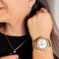 Relógio Feminino Champion Ana Hickmann Dourado Cristais Analógico Prova D'Água AH20033H Colar e Brincos
