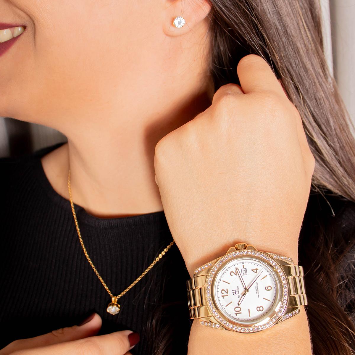 Relógio Feminino Champion Ana Hickmann Analógico Dourado A Prova D'Água AH20159H Cristais Colar e Brincos - 4