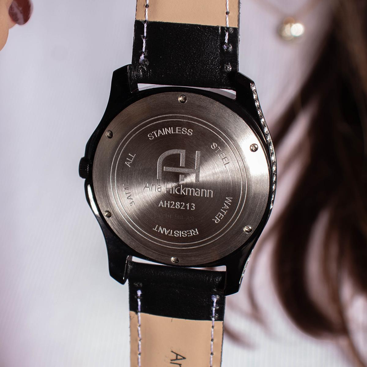 Relógio Champion Ana Hickmann Analógico Couro Preto Cristais AH28213Q Kit Colar e Brincos - 7