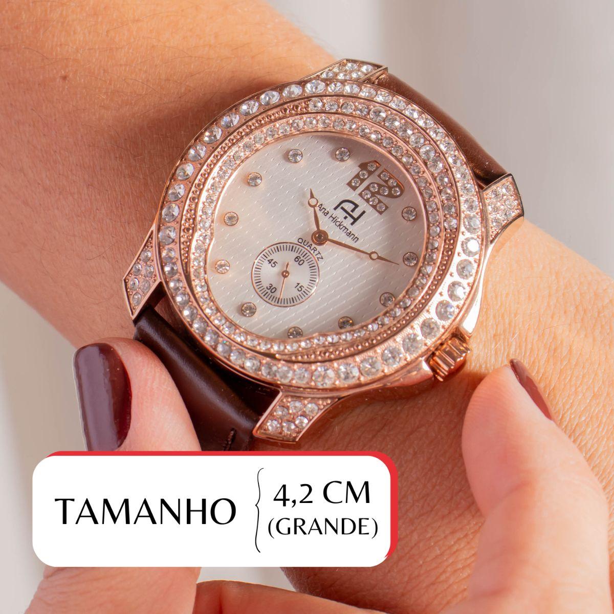 Relógio Feminino Champion Ana Hickmann Couro Marrom Cristais AH28277B Colar e Brincos - 2