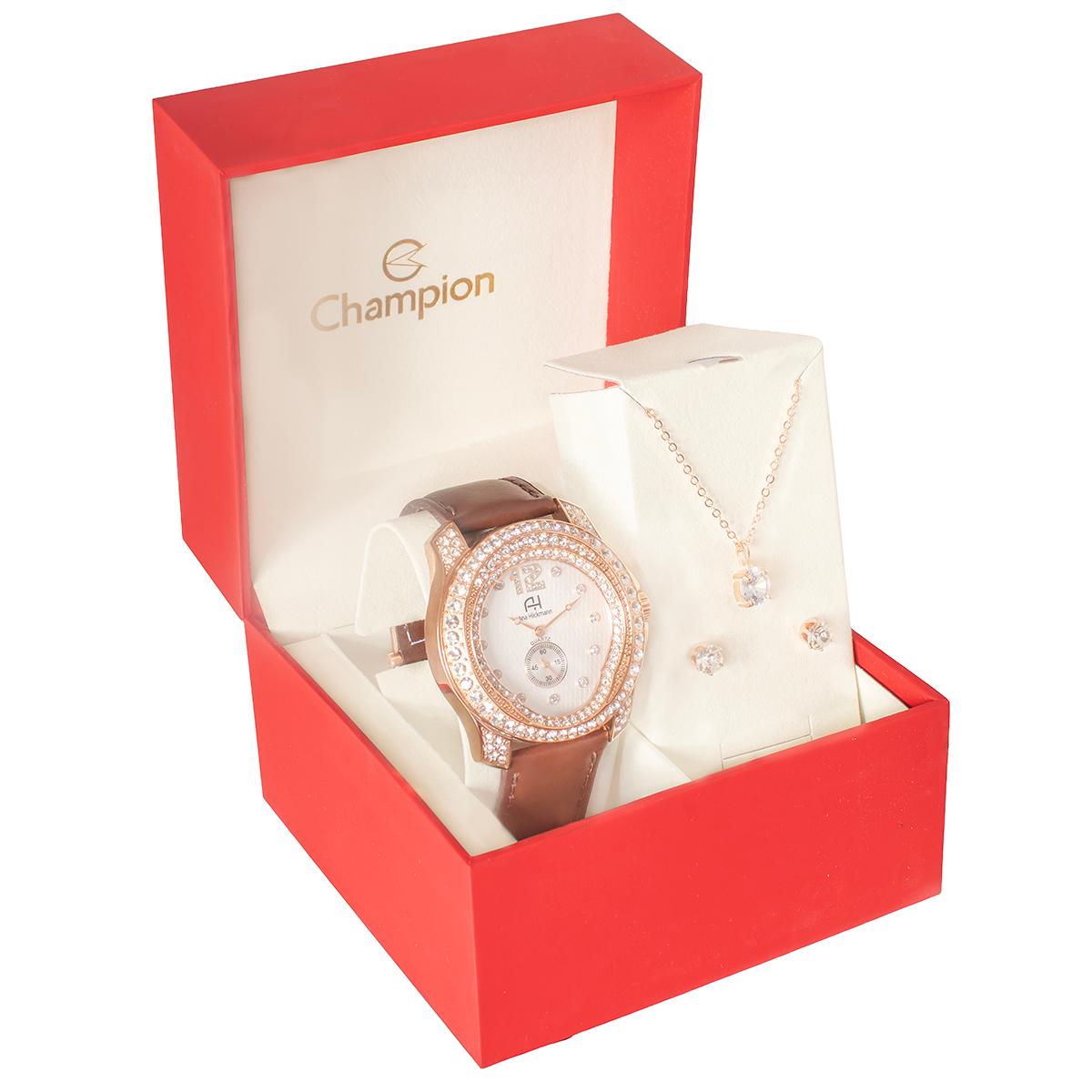 Relógio Feminino Champion Ana Hickmann Couro Marrom Cristais AH28277B Colar e Brincos - 8