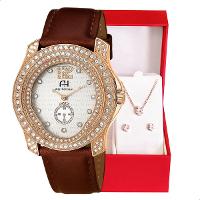 Relógio Feminino Champion Ana Hickmann Couro Marrom Cristais AH28277B Colar e Brincos - 1