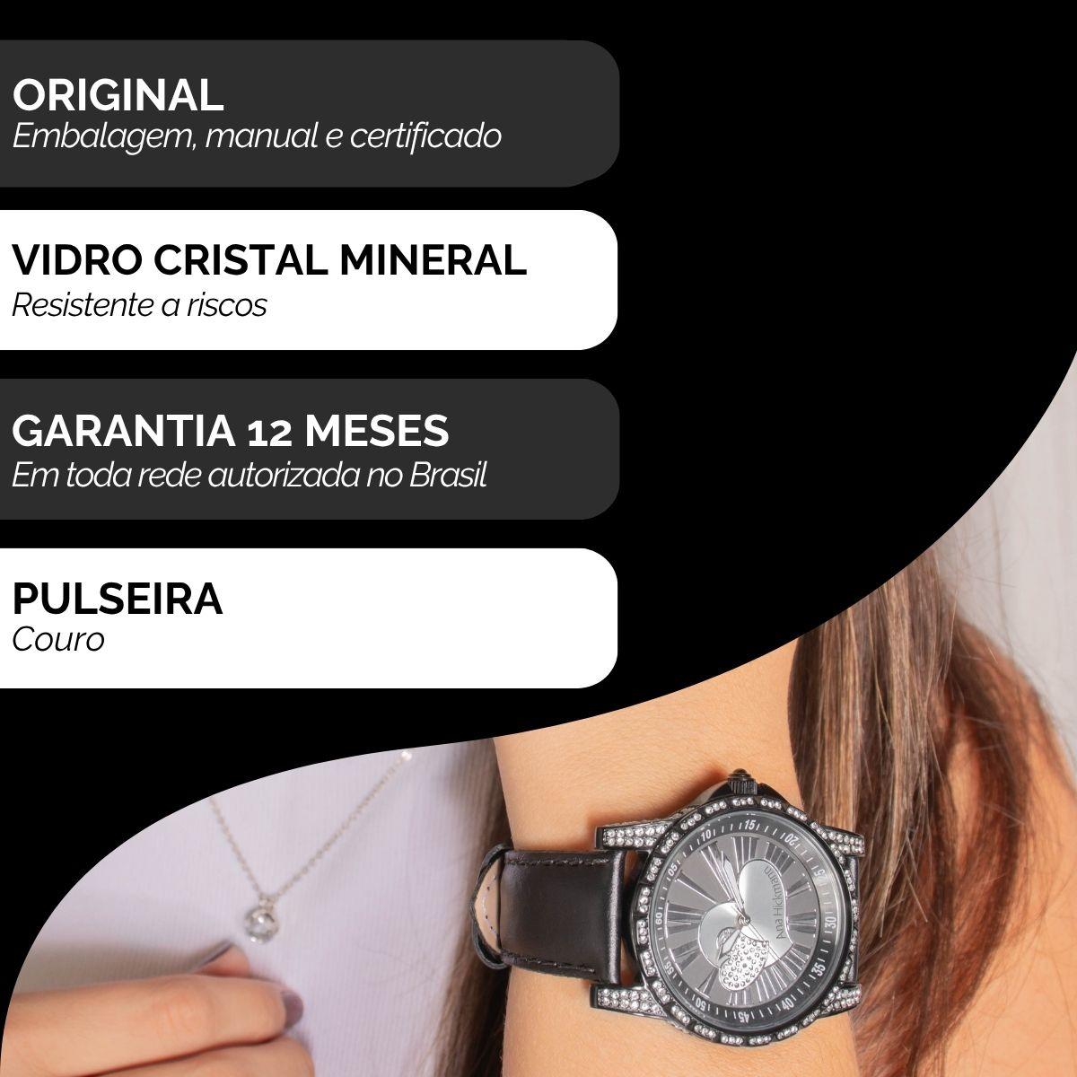 Relógio Feminino Champion Ana Hickmann Couro Preto AH28366T Colar e Brincos - 3