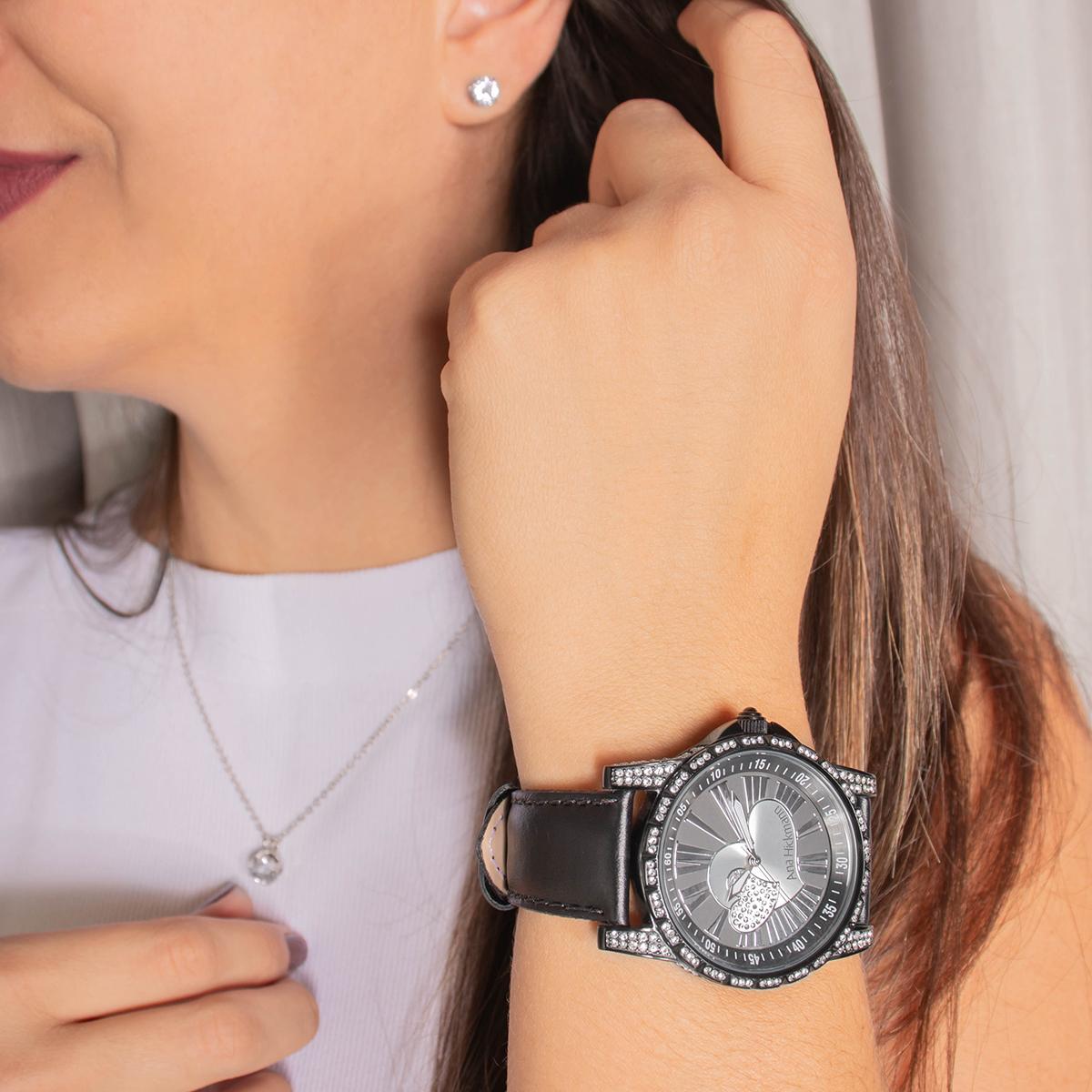 Relógio Feminino Champion Ana Hickmann Couro Preto AH28366T Colar e Brincos - 5