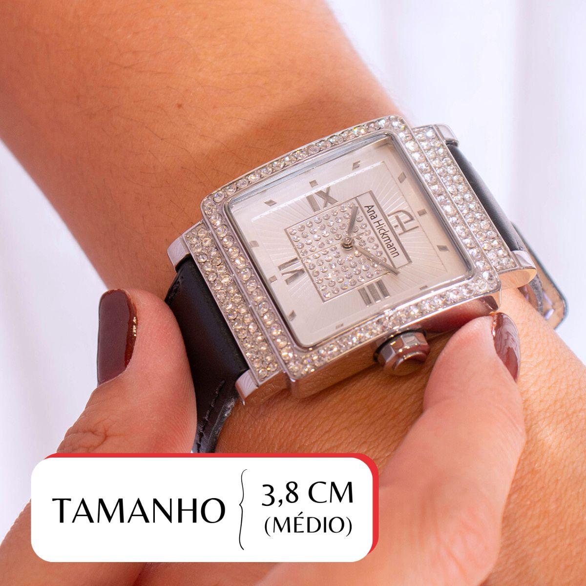 Relógio Feminino Champion Ana Hickmann Couro Preto AH28446Q Colar e Brincos - 2