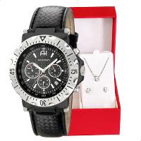 Relógio Feminino Champion Ana Hickmann Cronógrafo Couro Preto AH30004N Colar e Brincos - 1