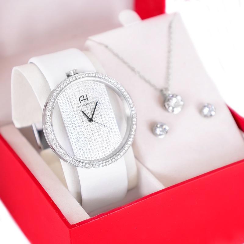 Kit Relógio Feminino Champion Ana Hickmann Analógico Couro Preto AH28473Q Cristais - 1