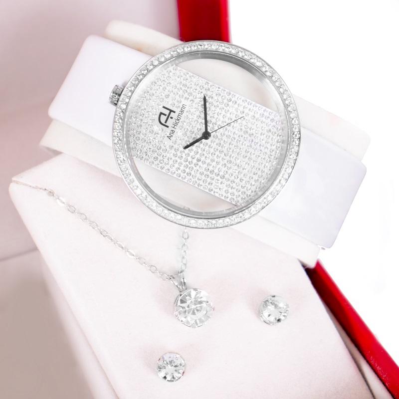 Kit Relógio Feminino Champion Ana Hickmann Analógico Couro Preto AH28473Q Cristais - 5