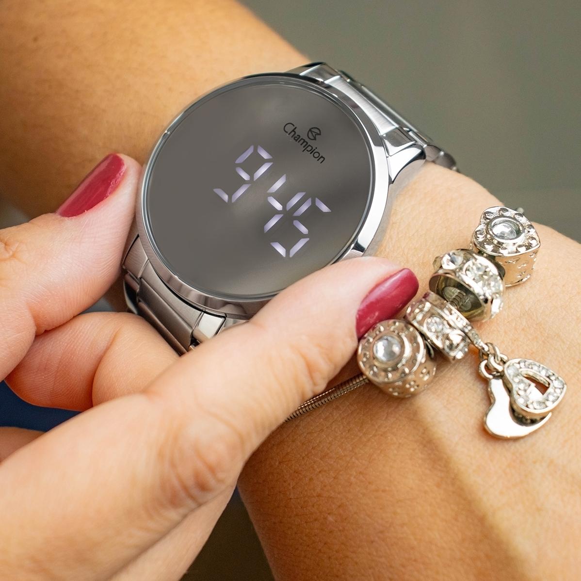 Relógio Feminino Champion Digital Espelhado Prata CH40147S + Pulseira Berloques - 5