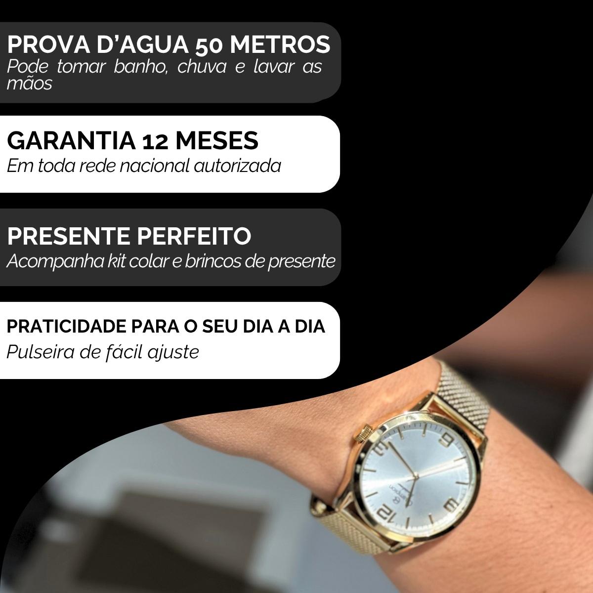 Relógio Champion Feminino Dourado Prova D´Agua + Kit de Brincos e Colar Garantia De Um Ano - 3