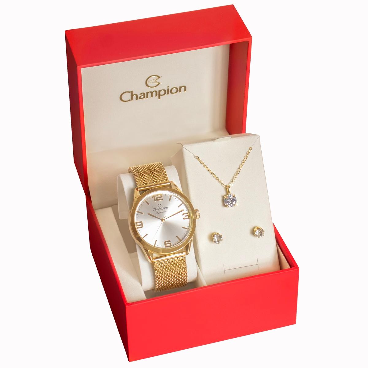 Relógio Champion Feminino Dourado Prova D´Agua + Kit de Brincos e Colar Garantia De Um Ano - 7