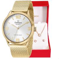 Relógio Champion Feminino Dourado Prova D´Agua + Kit de Brincos e Colar Garantia De Um Ano - 1